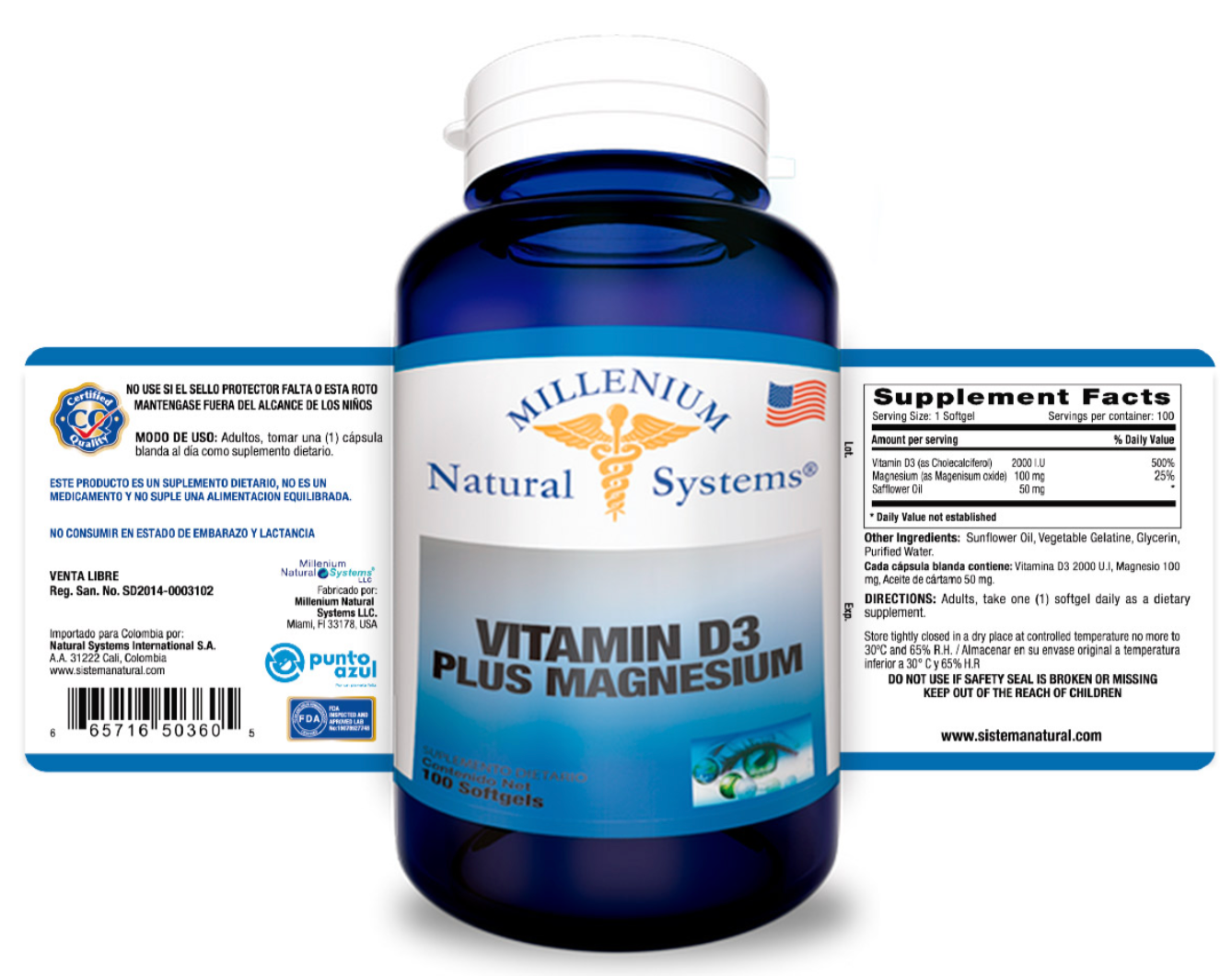 Vitamin D3 Plus 2000 UI Magnesium x 100 Caps